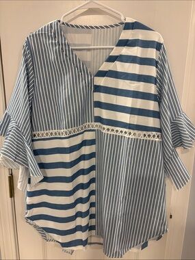 Blue & White Striped Patchwork Tunic with Lace Accent